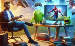 a relaxed gamer in business casual attire playing an action-packed superhero game on a large screen, surrounded by Android mascot figures and gaming controllers, with books and a laptop nearby for quick zábava.