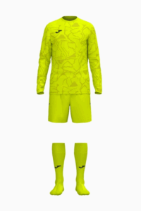 a bright neon yellow goalkeeper’s kit featuring long-sleeve jersey with abstract pattern, shorts, and high-sock football socks for optimal traction and comfort during play