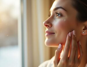 a person applying a hydrating serum with hyaluronic acid near a window, showcasing fresh, glowing skin.